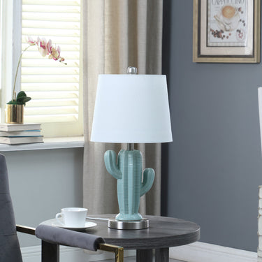 Pale Blue Green Ceramic Cactus Table Lamp With White Shade